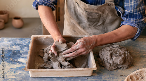 Potter kneading clay in workshop