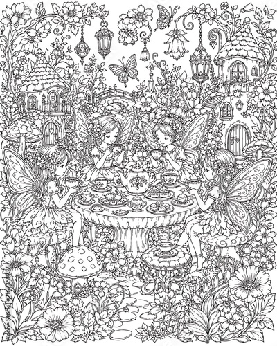 Whimsical Fairy Garden Tea Party, fairy garden, fairy tea party, whimsical garden, enchanted garden, magical tea party, fairy tale garden, garden tea party, fantasy garden, fairy illustration, whimsic