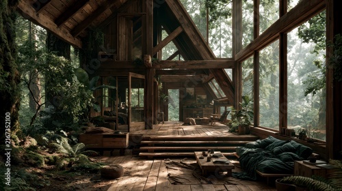 Cozy rustic wooden cabin interior integrated with lush green forest, featuring large glass windows, natural light, indoor plants, and a comfortable seating area surrounded by trees