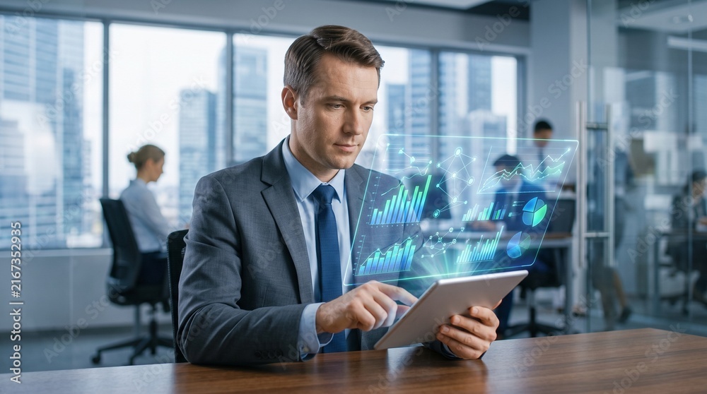 Fototapeta premium Businessman analyzing futuristic holographic financial data on tablet in modern office