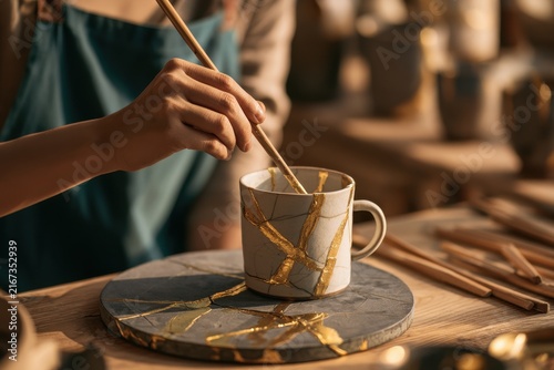 An artisan uses a brush to apply gold lacquer to repair a broken ceramic mug. Perfect for traditional craft and mindfulness concepts.