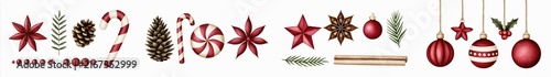 Christmas decoration elements with pinecone, candy cane, star, cinnamon stick, and red bauble ornaments in festive style