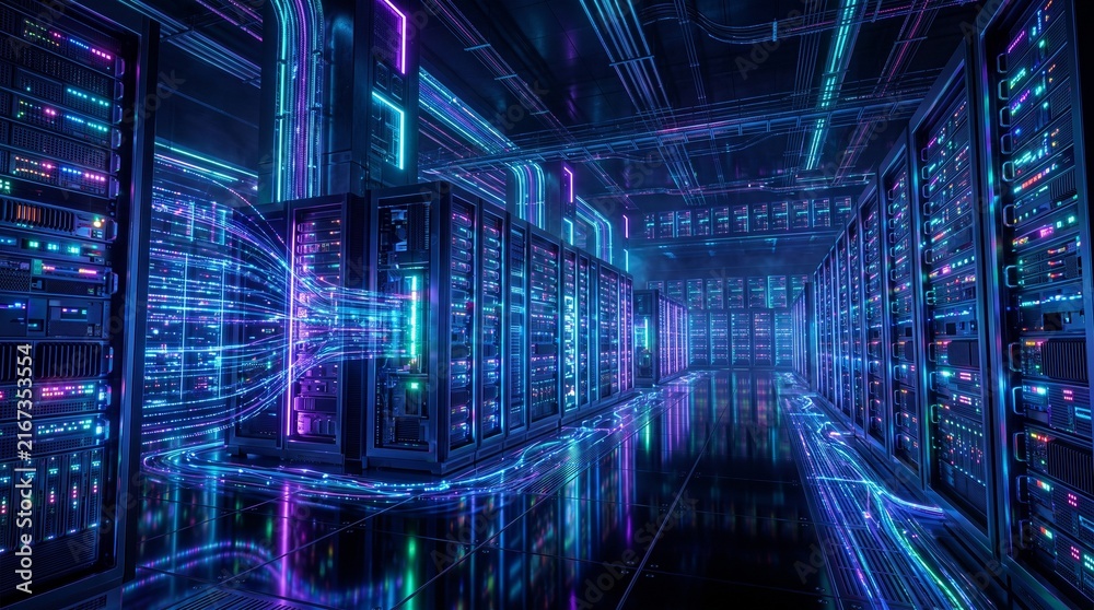 Obraz premium Futuristic Data Center with Neon Lights and Flowing Data Streams