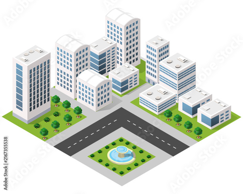 Isometric city landscape showing urban infrastructure and buildings