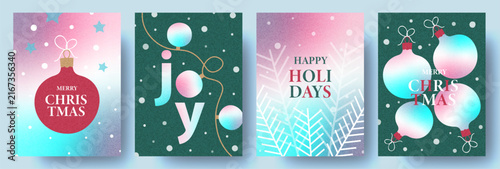 Merry Christmas and greeting card Set. Modern beautiful Xmas design with typography, gradient, balls, snowflake. Trendy illustration for season banner, poster, cover.