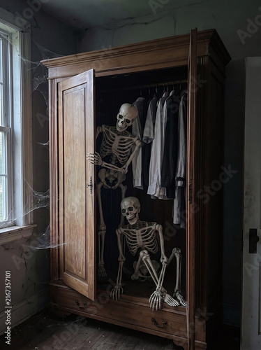 Skeletons in a wardrobe in an abandoned room