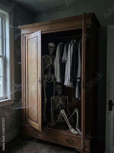 Skeletons in a wardrobe hiding in an abandoned room