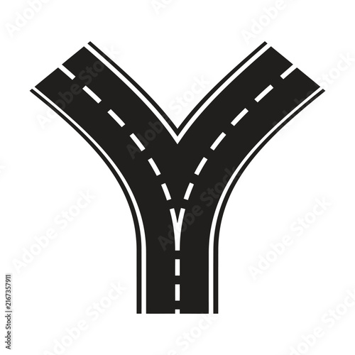 Black road icon showing a fork in the path with two directions splitting off into a y shape Vector