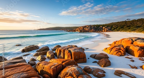 Golden Granite Boulders Framing Turquoise Waves on Secluded Sandy Coast