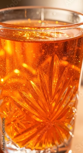 Sparkling Amber Drink in Decorative Cut Glass Tumbler