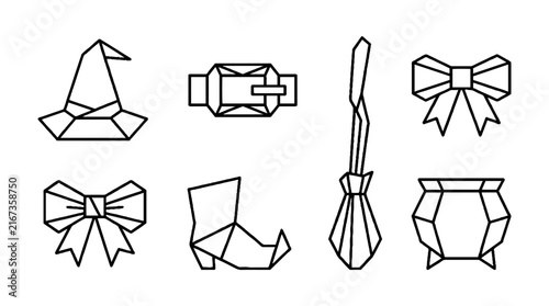 Set of geometric Halloween themed icons featuring witch accessories and holiday symbols.