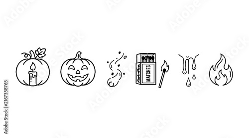 Hand drawn collection of Halloween themed icons including pumpkins matches and fire elements.