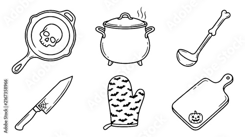 Hand drawn collection of spooky kitchen utensils and cooking tools for Halloween.