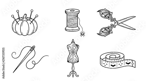 Hand drawn collection of gothic sewing tools and tailoring equipment for creative projects.