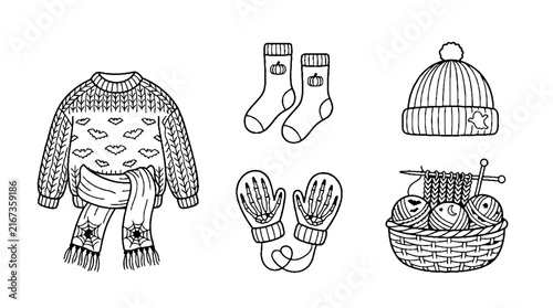 Hand drawn collection of cozy winter knitted clothing and accessories.