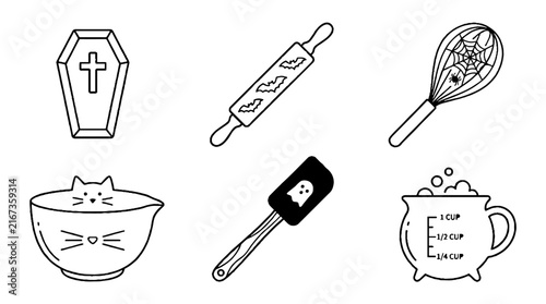 Set of hand drawn Halloween themed baking tools and kitchen utensils.