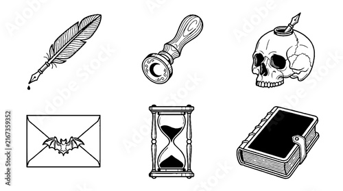 Collection of hand drawn gothic and occult themed vintage stationery and mystical objects.