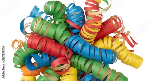 Colorful Curled Paper Streamer Pile Arranged on White Background
