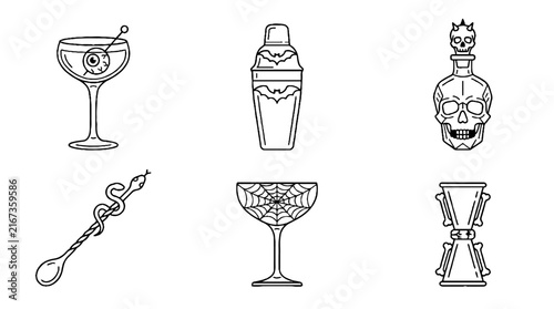 Set of six spooky Halloween themed cocktail bar tools and glassware line art illustrations.