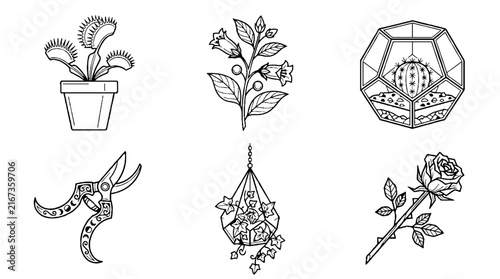 Collection of hand drawn botanical and gardening themed line art illustrations.