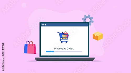 Animated laptop with Processing Order interface, shopping bags, gift box, and gear icons, representing ecommerce, order processing, online shopping, logistics, and digital technology.
