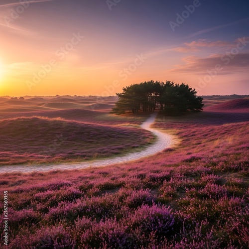 Blooming Purple Heather Field with Winding Path at Sunset Near Pine Grove