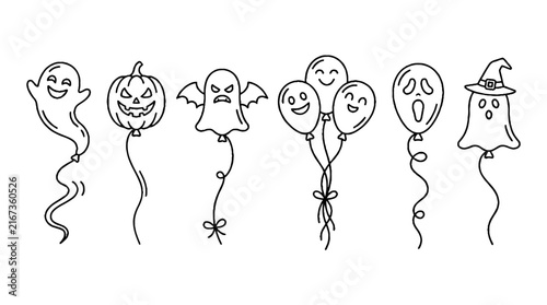 Hand drawn Halloween balloons with spooky ghost and pumpkin designs.