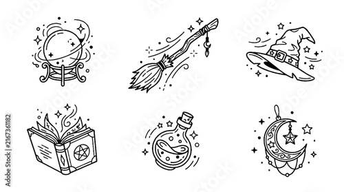 A collection of hand drawn magical and mystical witchcraft themed doodle illustrations.