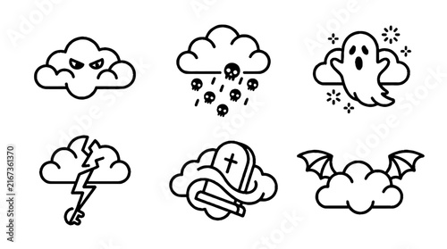 Set of six spooky Halloween themed cloud icons with various eerie elements.
