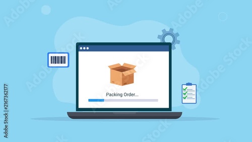 Animated laptop with Packing Order interface, package box, barcode, checklist, and gear icons, representing packaging, order processing, logistics, shipping, and digital technology.