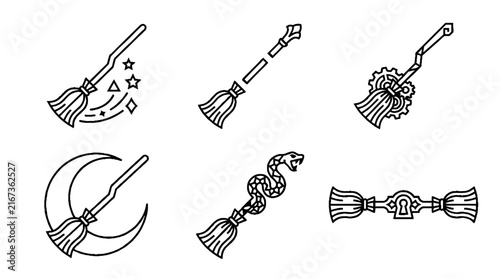 A collection of six unique witch broomstick line art illustrations.