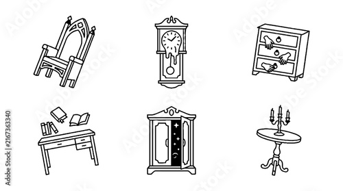 Set of hand drawn vintage furniture and interior decor items in doodle style.