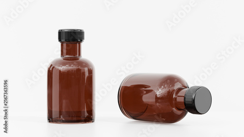 Pair of Amber Glass Bottles Mockup Standing and Lying Down