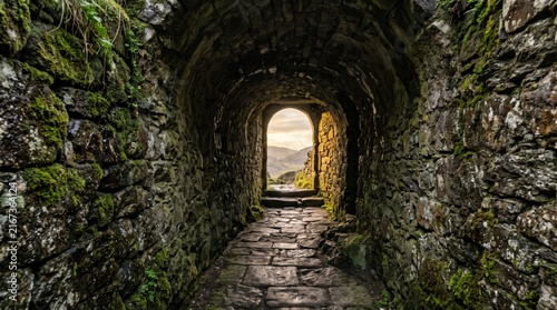 Ancient stone tunnel passage leading to a bright mountain landscape exit