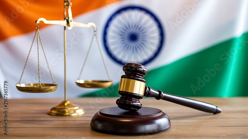 Legal justice concept with gavel and balance scale against indian national flag