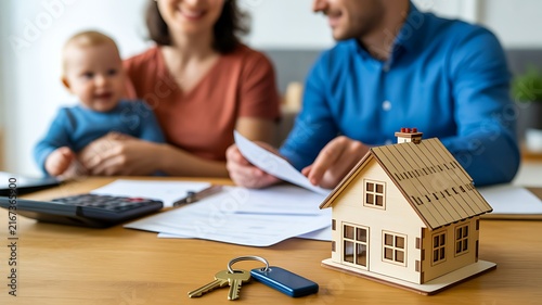 Happy family planning a home purchase with house model keys and financial documents