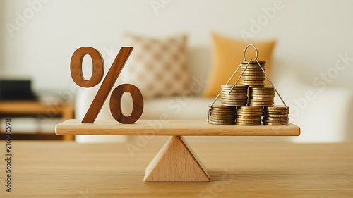 Percentage symbol with balanced coins representing mortgage interest rates and financial planning