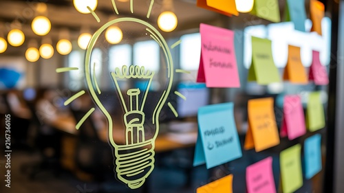 Creative business idea concept with glowing light bulb and colorful notes
