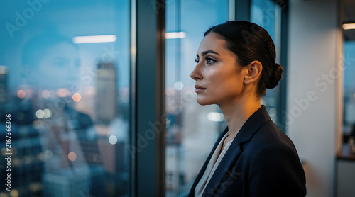 confident professional woman standing near window with city skyline background in modern office
