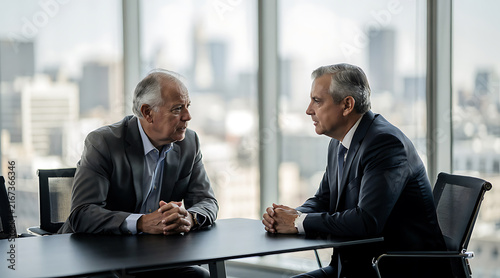 business meeting with two mature men engaged in serious discussion in modern conference room with city skyline in background