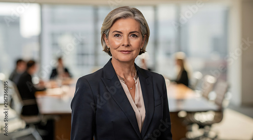 professional middle-aged businesswoman in a modern office setting with blurred colleagues and large windows providing natural