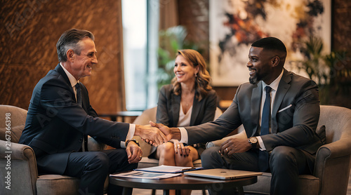 Professional business meeting with diverse professionals exchanging handshakes in modern office setting capturing collaboration