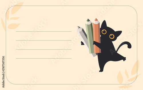 Cute black cartoon cat with pencils writing down to-do list. 