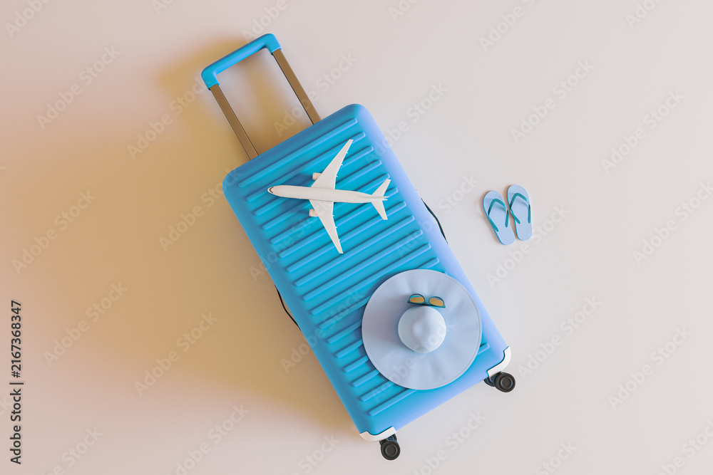 Fototapeta premium Top view of blue suitcase with airplane, sunhat, sunglasses, and flip flops for travel vacation essentials on a light abstract background. 3D Rendering