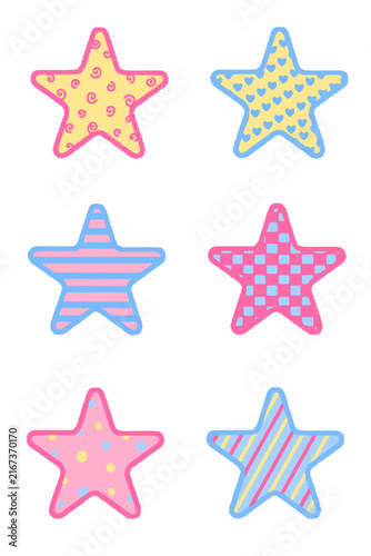 Set of Colorful Patterned Star Vector Elements with Dots and Stripes
