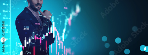Quadro su tela Businessman Analyzing Financial Market Charts Against Blue Technology Background With Abundant Copy Space For Investment Strategy Design Template