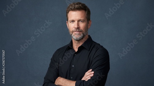 Portrait of confident middle aged man with graying beard standing with crossed arms against grey