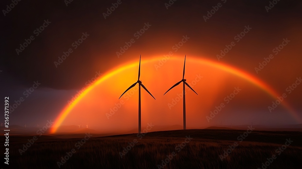 Fototapeta premium Wind turbines at sunset with rainbow.