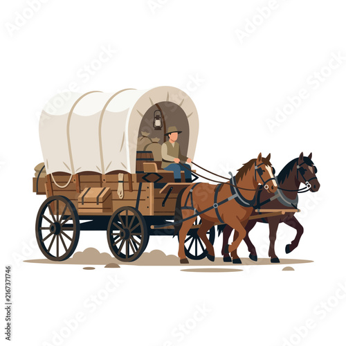 Illustration of a Cowboy Driving a Horse-Drawn Covered Wagon
