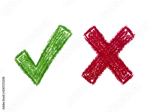 Hand Drawn Green Checkmark and Red Cross Symbols Set for Choice Selection and Evaluation Design Elements on Plain Background